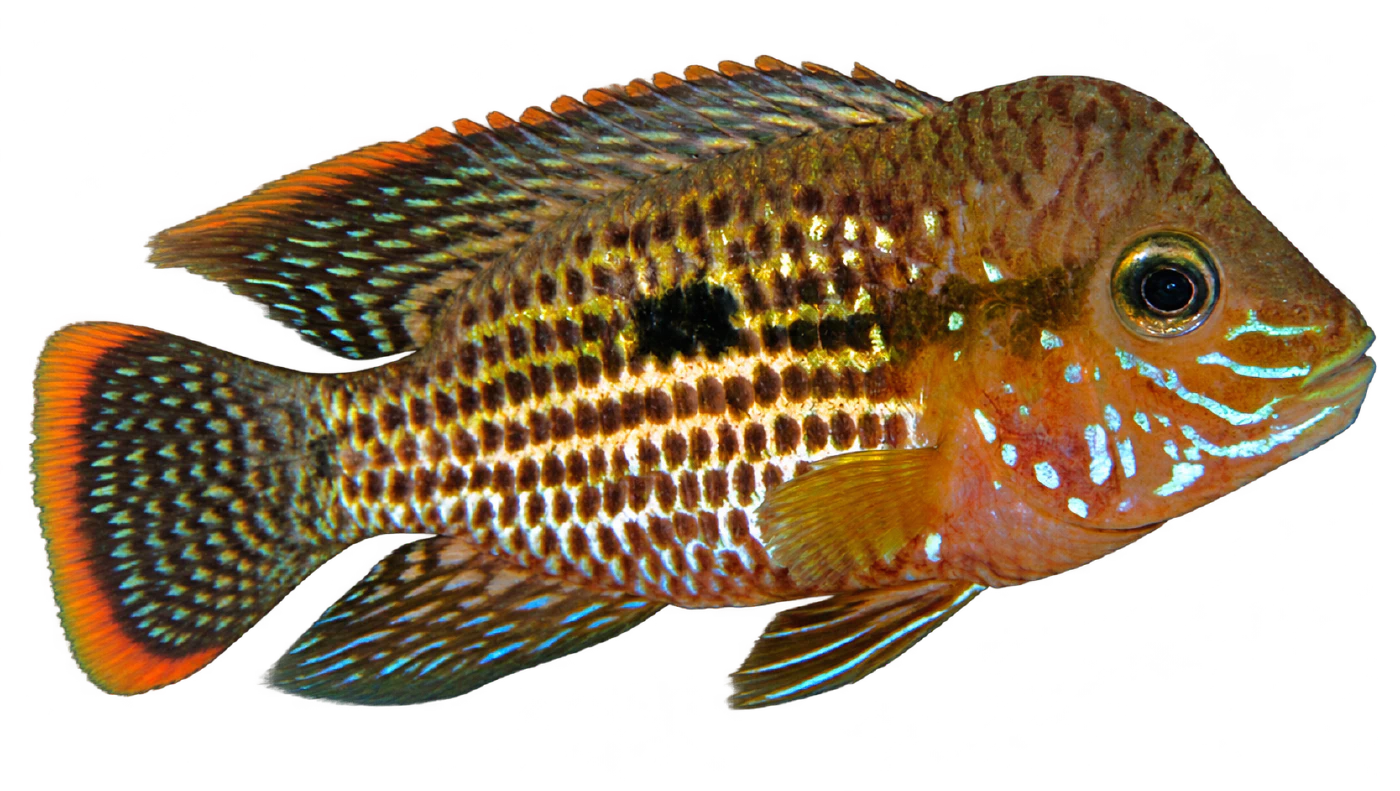 A complete male Orange Saum, Andinoacara rivulatus, with vivid turquoise markings and orange fin edges